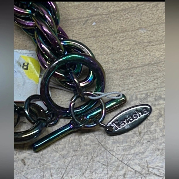 NATASHA Heavy Braided Metal Twisted Iridescent Oil Slick Statement Necklace NWT - Picture 2 of 3